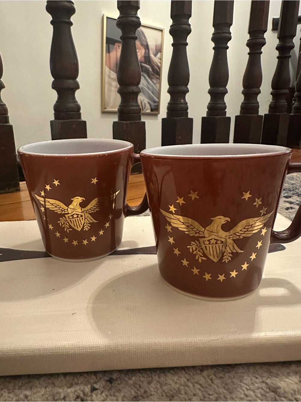 🦅 Vintage Pyrex Federal Eagle Mug Set Brown Gold Americana 1970s